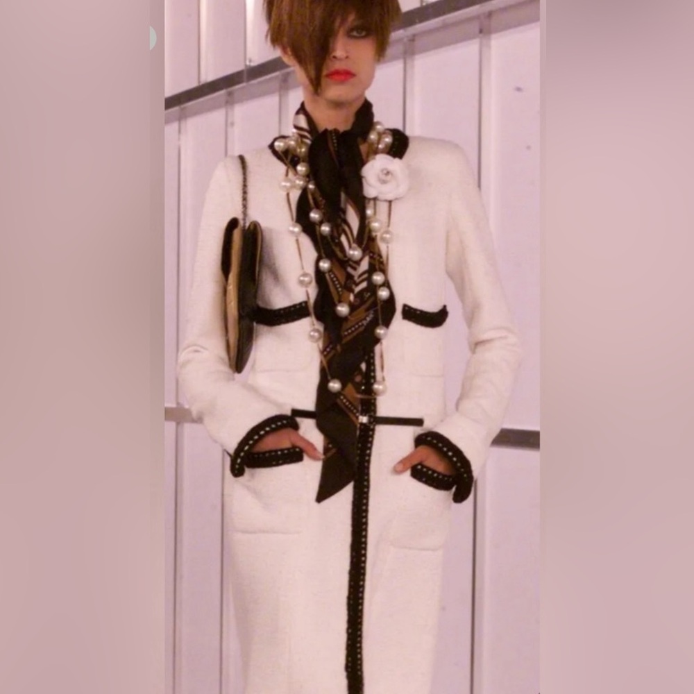 Chanel iconic black and white tweed coat dress with belt